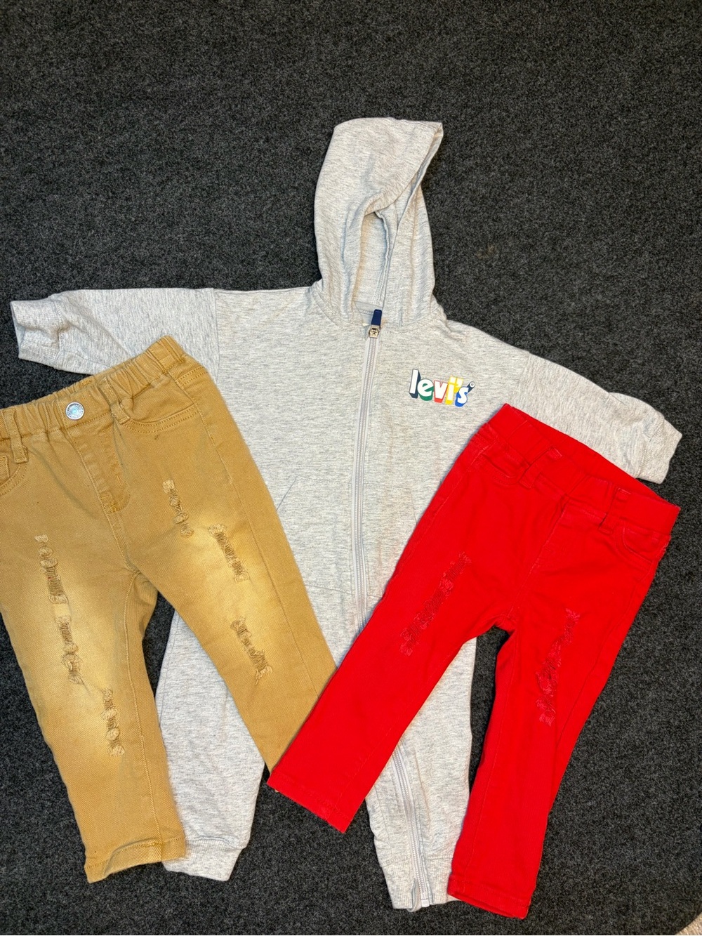 Red & Tan Kids Jeans with Light Gray Zip Hoodie